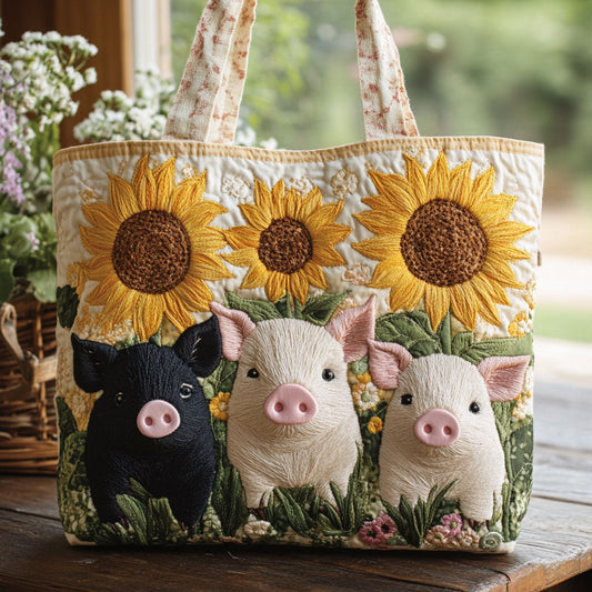 Sunflower and Pigs Quilted Tote Bag