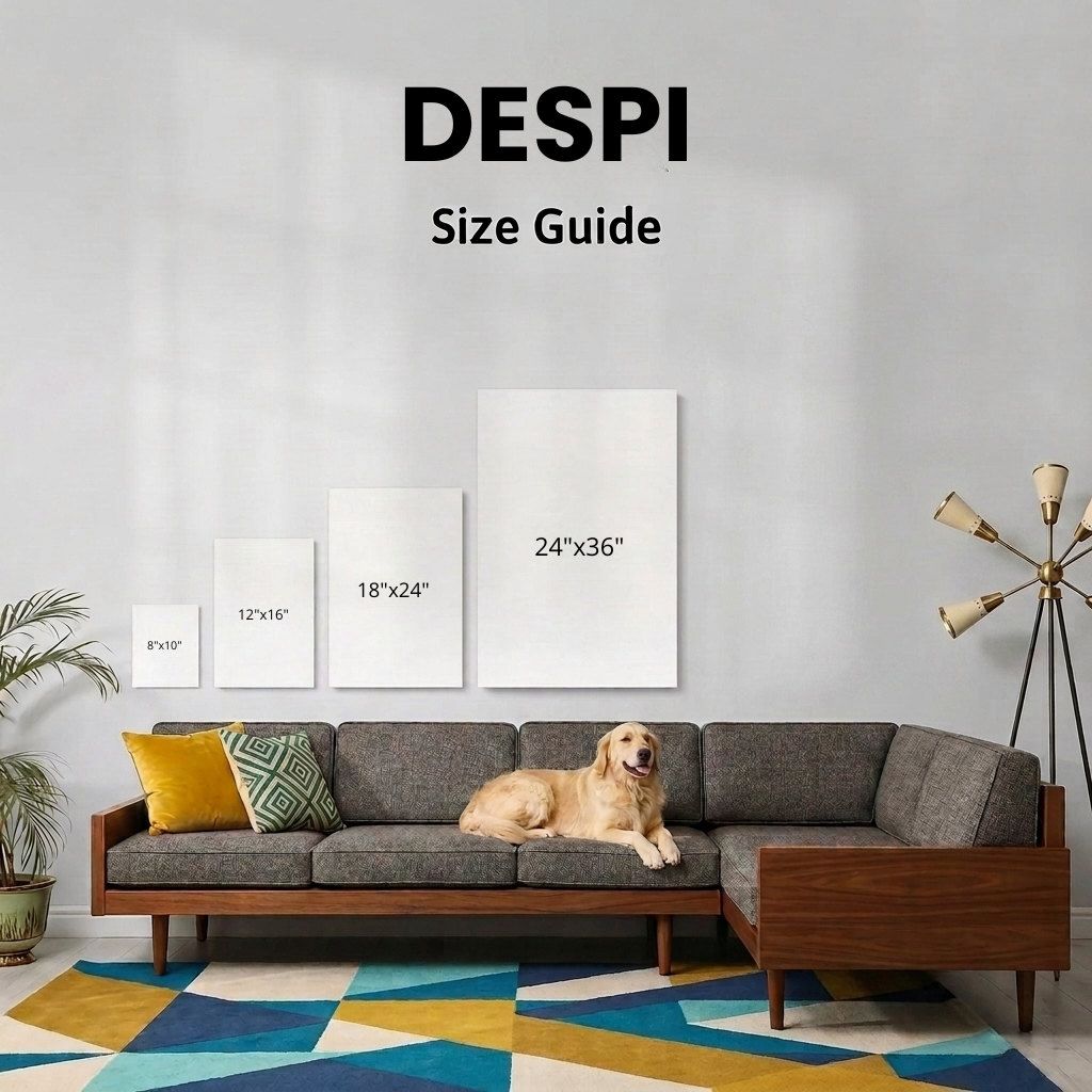 Our four print sizes shown on a living room wall: 8 by 10, 12 by 16, 18 by 24 and 24 by 36 inches